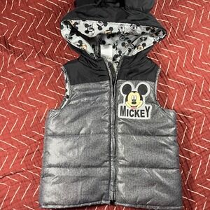 Kids Disney Mickey Mouse Puffer Vest Hooded Ears Sparkle Gray Size 3T